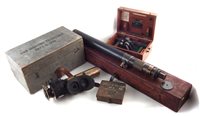 Lot 117 - Gun sighting telescope, pattern G. 376 also a Ross London variable power scope No. 67469, a Theodolite and one other box