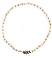 Lot 422 - Cultured pearl choker necklace with 9ct white gold diamond set clasp