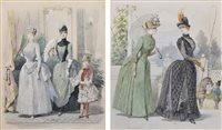 Lot 622 - Jules David, Two fashionable ladies in an interior with a child and on a terrace, watercolours (2).