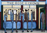 Lot 493 - Chris Barrow, "Outside The Rose and Crown", oil.
