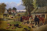 Lot 599 - Style of J.F. Herring, Farmyard scene, oil.