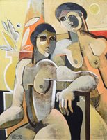 Lot 510 - Geoffrey Key, "Garden Figures", oil.