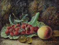 Lot 597 - Oliver Clare, Still life with raspberries, oil.