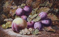 Lot 591 - Oliver Clare, Still life with plums and gooseberries, oil.