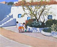 Lot 546 - Andrew Macara, "Lilies and Geraniums, Santorini", oil.