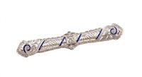 Lot 396 - Art Deco 14ct white gold, diamond and enamel bar brooch