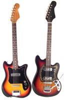Lot 101 - Kay E-100 electric guitar, serial number 706251, also a Teisco electric guitar, both finished in sunburst, 100cm overall length.