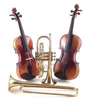 Lot 12 - Two cased violins and a cased trumpet and one other.