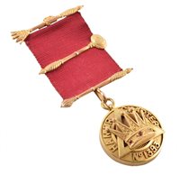 Lot 374 - Of Masonic Interest 9ct gold medallion for Hamer Chapter No. 1393 on red ribbon