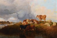 Lot 603 - Thomas Sidney Cooper, Cattle and sheep in a landscape, oil.