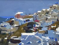 Lot 515 - Ken Howard, "Santorini, Morning Light Effect", oil on board.