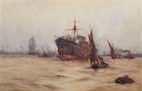 Lot 617 - Frank H. Mason, Steam and sailing ships on the Thames, watercolour.