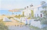 Lot 637 - Warren Williams, Feeding the chickens, watercolour.