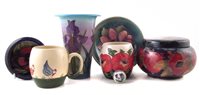 Lot 233 - Moorcroft pomegranate box, two bowls , two mugs and an enamels box also a Dennis vase