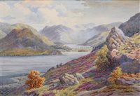 Lot 566 - Albert Rosser, "Crummock & Buttermere Lakes from the slopes of Melbreck", watercolour.