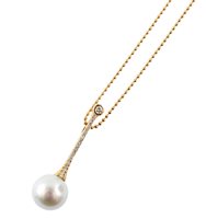 Lot 419 - Pearl and diamond set 18ct yellow gold drop pendant