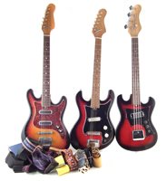 Lot 99 - Two Kay electric guitars and a bass and a collection of straps