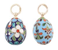 Lot 76 - Two Russian silver cloisonné enamelled egg pendants