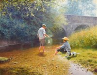 Lot 318 - Tony Sheath, Boys fishing, oil.