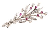 Lot 39 - Circa 1950's diamond and ruby 18ct white gold spray brooch