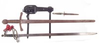 Lot 265 - Italian diving knife together with two reproduction swords and one other dagger