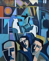 Lot 411 - Peter Stanaway, "In The Ceremony Of The Horseman Even The Pawn Myt Play His Part (Bob Dylan)", acrylic.