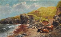 Lot 492 - William Davies, Cows on a beach, oil.