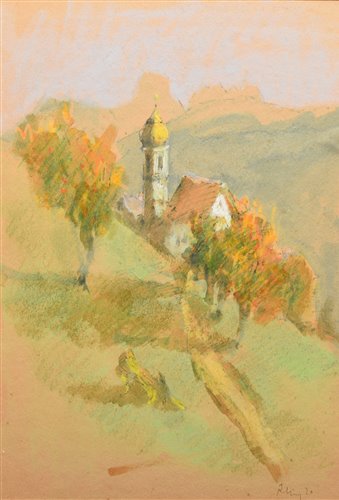 Lot 469 - Harold Riley, Continental rural view with church, mixed media.