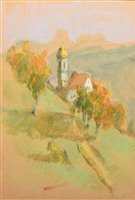 Lot 469 - Harold Riley, Continental rural view with church, mixed media.