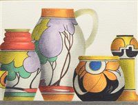 Lot 447 - Trevor Grimshaw, Still life study of Clarice Cliff pottery, watercolour and pencil drawing.